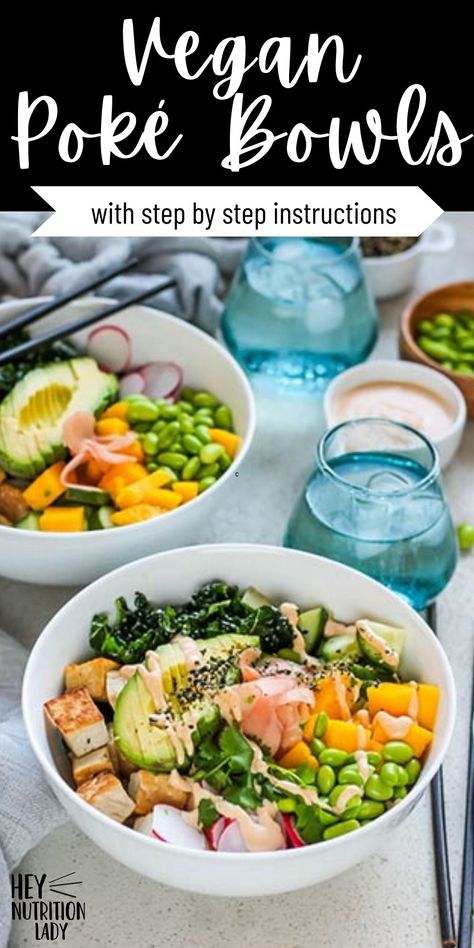 These Vegan Poke Bowls are a healthy plant-based riff on the Hawaiian classic. Made with tofu, massaged kale, and a creamy vegan dressing, these tofu poke bowls are a healthy and delicious meal bowl recipe. Tofu Poke, Vegan Poke, Healthy Vegetarian Lunch, Plant Based Meal Planning, Vegan Protein Recipes, Massaged Kale, Freezer Friendly Meals, Vegan Dressing, Gluten Free Main Dishes