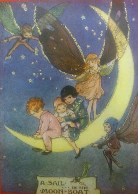 Florence Anderson : 'A sail on the moon boat' Moon Boat, Images D'art, Fairy Illustration, Vintage Fairy, In The Moon, Vintage Fairies, Fairy Magic, Flower Fairies, Fairytale Art