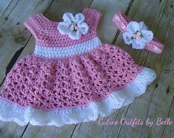 Etsy :: Your place to buy and sell all things handmade Baby Dress Pattern Free, Newborn Baby Dresses, Pink Baby Dress, White Baby Dress, Baby Dress Set, Crochet Baby Girl Dress, Baby Dress Pattern, Crochet Baby Dress Pattern, Baby Frock Pattern