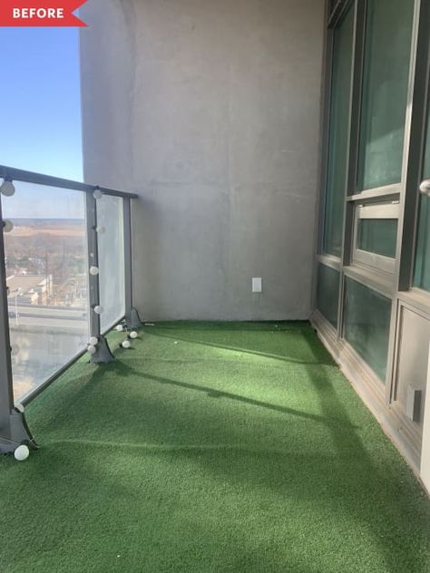 Before: Bare balcony with faux grass on the floor Wood Trellis, Toronto Condo, Diy Balcony, Faux Grass, Patio Projects, Home Balcony, Indoor Design, Outdoor Balcony, Custom Decks