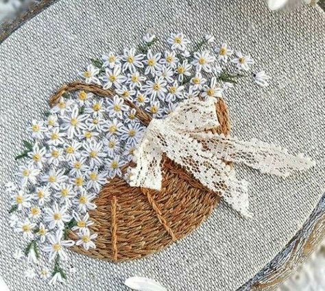 Embroidered Basket Of Flowers, Flower Basket Embroidery, Embroidered Basket, Silk Ribbon Embroidery Patterns, Primitive Stitchery, Farm Quilt, Miniature Embroidery, Redwork Embroidery, Hand Embroidery Kit