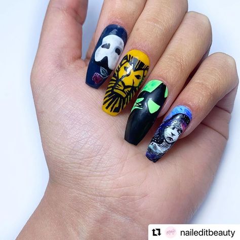 Sophie Evans on Instagram: “One of my best friends showing support for the Arts! These nails are so incredible. Hand painted! So thoughtful @naileditbeauty you are…” Broadway Nails, Lion King Musical, Wicked Musical, Sassy Nails, Musical Theatre, The Arts, Cute Nails, Nail Inspo, Broadway