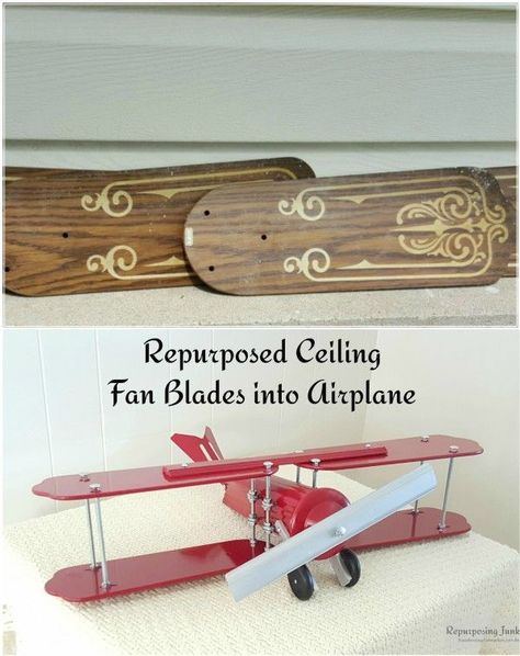 Old ceiling fan blades into a decorative airplane. So creative! Ceiling Fan Repurpose, Repurposed Ceiling Fan, Fan Blade Crafts, Ceiling Fan Crafts, Ceiling Fan Art, Fan Blade Art, Old Ceiling, Ceiling Fan Parts, Ceiling Fan Makeover