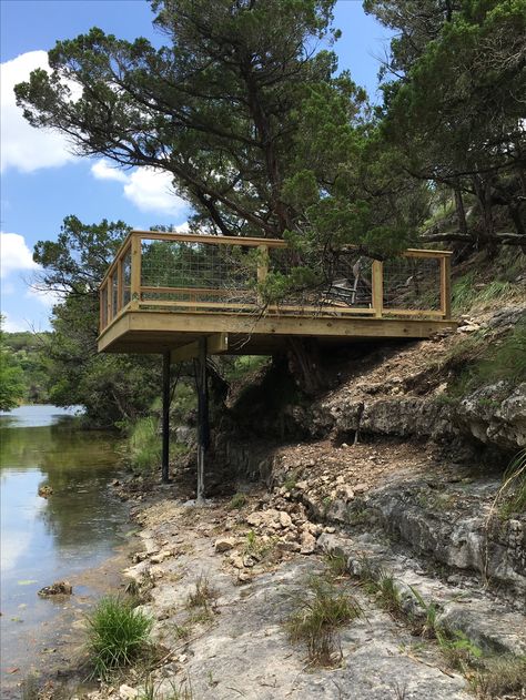 Cantilever Deck Deck Hanging Over Cliff, Cantilever Deck Hillside, Suspended Deck Ideas, Deck On Stilts, Deck Over Creek, Cantilever Deck Over Water, Deck On Hillside, Deck On Slope, Cantilevered Deck