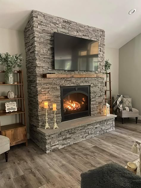 Hearth Electric Fireplace, Sunroom Remodel, Fireplace Bookcase, Stone Fireplace Makeover, Farmhouse Fireplace Decor, Basement Fireplace, Basement Redo, Built In Electric Fireplace, Log Cabin Interior