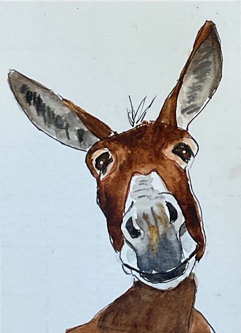 ACEO Original Miniature coloured pencil Donkey. Original smiley donkey art. Watercolour Donkey, Donkey Cute, Donkey Painting, Donkey Drawing, Donkey Art, Watercolour And Pen, Watercolour And Ink, Pen And Watercolor, Watercolour Paper