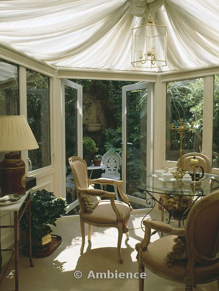 ceiling drapes Greenhouse Curtains & Drapes, Conservatory Ceiling Ideas, Conservatory Curtain Ideas, Orangery Lighting, Conservatory Roof Ideas, Conservatories Ideas, Indoor Conservatory, Conservatory Curtains, Draped Ceiling