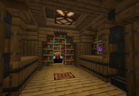 Bookshelf Minecraft Ideas, Minecraft Stairs Design Inside, Bookshelf Design Minecraft, Underground Enchantment Room Minecraft, Minecraft Chest Room Designs, Library Minecraft Ideas, Minecraft Alchemy Room, Workshop Minecraft, Minecraft Bookshelf Ideas