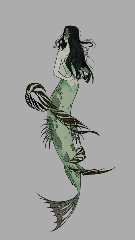 Female Siren Art, Kelp Mermaid, Dnd Siren, Green Mermaid Aesthetic, Kelp Drawing, Mermaid Dnd, Siren Oc Art, Emo Mermaid, Mermaid Oc Art