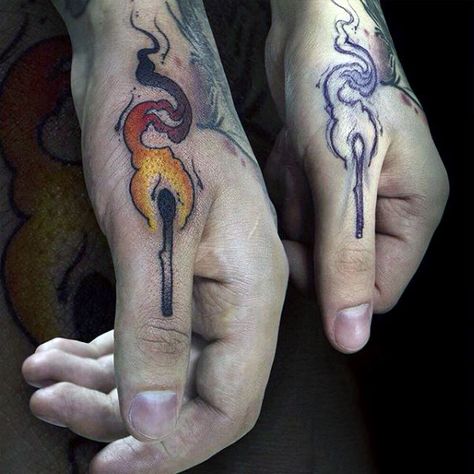 Man With Tattoo On Finger Of Match On Fire Tattoos Photo, Matches Tattoo Fire, Match On Fire Tattoo, Match Tattoo Fire, Twin Flames Tattoo Symbols, Twin Flames Tattoo, Twin Flame Tattoo Ideas, Twin Flame Tattoo, Men Finger Tattoos