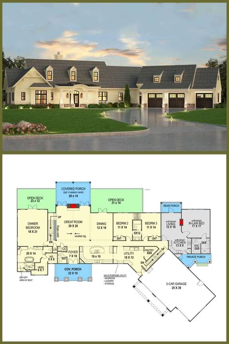 Smart House Plans - 2,830 Sq Ft. 5-Bedroom 2-Story Craftsman Style House. Check it out: https://buff.ly/3tYhgNG | Facebook Smart House Plans, In Law Apartment, 2 Story Craftsman, 4 Season Room, Exposed Rafters, In-law Apartment, Interior Columns, Apartment Floor Plan, Craftsman Style House