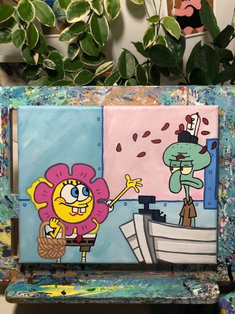 Super fun custom painting! Cartoon Halloween Painting Ideas, Small Canvas Art Cartoon, Mini Spongebob Painting, Acrylic Painting Spongebob, Tv Painting Ideas, Cartoon Art Canvas Painting, Easy Fun Sketches, Graphic Painting Ideas On Canvas, Paintings Ideas Cartoons