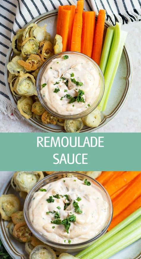 Remoulade sauce recipe with horseradish and mayo served with fried pickles, carrot and celery sticks. Dipping sauce for chips, veggies or spread for sandwiches. by ilonaspassion.com I @ilonaspassion #remoulade #sauce #dipping #horseradish Dipping Sauce For Carrots, Carrot Dipping Sauce, Fried Pickle Dipping Sauce, Remolaude Sauce, Remoulade Sauce Recipe, Savoury Party Food, Carrot Fries Baked, Horseradish Dip, Potato Fries Baked