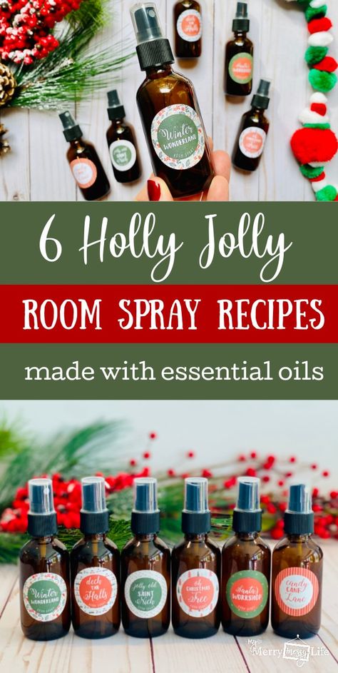 6 Holiday Room Spray Recipes to put you in the Christmas spirit without toxins! These recipes are made with pure essential oils and smell amazing! You'll love using these in your home during the Christmas season - and they're super easy to make! via @MerryMessyLife Diy Christmas Room Spray, Christmas Essential Oil Room Spray, Christmas Smells Essential Oils, Christmas Room Spray Essential Oils, Diy Natural Room Spray, Doterra Room Spray Recipes, Young Living Room Spray Recipes, Essential Oil Room Spray Blends, Room Spray With Essential Oils Recipes