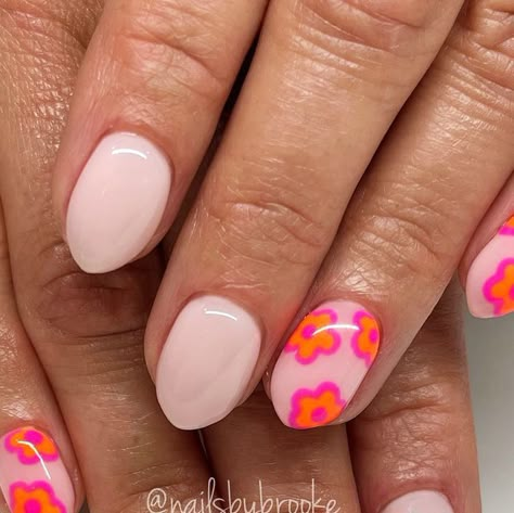 Brooke Jensen on Instagram: "The cutest pop of bright colors!!!🌸😎 . . Inspo: @cindypaola.nails  . . -Do not remove my name off my picture. Ask for permission before using my photo on a website or for marketing purposes. #gelpolish #handpaintednailart #naturalnailsonly #utahnailtech #utahnailartist #nailartist #nailart #naildesigns #nailartdesigns #freehandart #freehandnailart #gelnails #nails #nailmagazine #nailinspo #summernailinspo #summernails #summerflowernails #flowernails  #flowernailart #cuteflowernails #vacationnails #neonnails #groovyflowernails #neonpinkflowernails #pinkorangenails #roundnails #luxiohaven #funsummernails" Cute Kid Nails Ideas, Natural Design Nails, Fun Summer Nails Design 2024, Shirt Nail Design Ideas, One Finger Nail Design, Almond French Tip Nails Short, Really Short Almond Nails, Every Nail Different Design, Nail Ideas Easy At Home