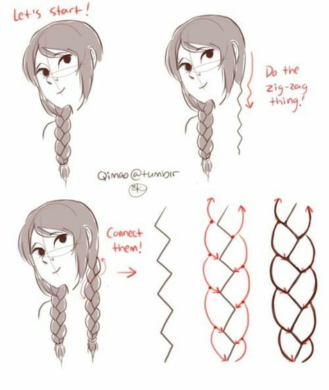 Anime Hair Reference Braids, How To Draw Updo Hair, Messy Braid Drawing Reference, Drawing Of Braided Hair, Pigtail Braids Drawing Reference, Twin Braids Drawing Reference, Drawing Buns Hair, Hair Braid Reference, Braid Over Shoulder Drawing