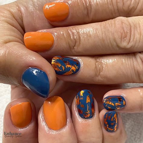 Blue And Orange Dip Nails, Navy And Orange Nails Design, Blue And Orange Nail Art, Burnt Orange And Navy Nails, Blue And Orange Gel Nails, Navy Orange Nails, Orange And Blue Nails Ideas, Dark Blue And Orange Nails, Navy Blue And Orange Nails