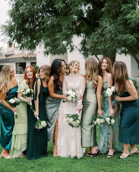 Bridesmaid Dress Color Schemes, Teal Bridesmaid, Teal Bridesmaid Dresses, Wedding Color Pallet, Bridesmaid Colors, Mismatched Bridesmaids, Mismatched Bridesmaid Dresses, Fantasy Wedding, Bridesmaid Dress Colors