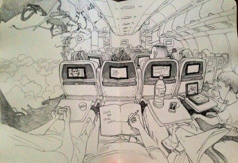 Ryan Ottley Pov Sketch, Airplane Sketch, Ryan Ottley, Perspective Sketch, Airplane Drawing, Human Figure Sketches, Travel Art Journal, Scene Drawing, Airplane Art