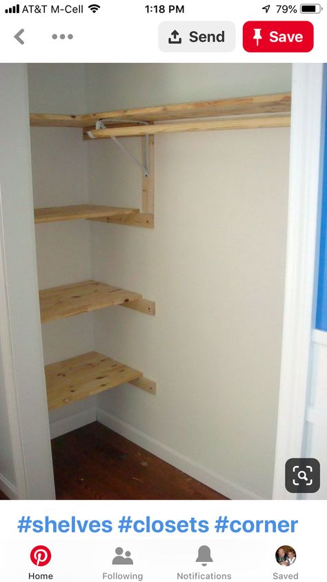 Narrow Deep Closet Organization, Dormer Closets, Long Narrow Closet Organization, Long Narrow Closet Ideas, Long Narrow Closet, Small Closet Remodel, Narrow Closet Organization, Wooden Closet Shelves, Front Hall Closet