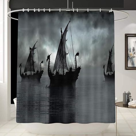 Amazon.com: Norse Decor Vikings Ship Shower Curtain Liner, Fantasy Boat Art Black and White Color Sailing Dragon Ship Curtain for Bathroom/Washroom with 12 Hooks Waterproof,Gift for Man/Girl/Woman 70x 70 Inches : Home & Kitchen Fantasy Boat Art, Pirate Bathroom Decor, Living Room Window Decor, Pirate Bathroom, Solid Color Shower Curtain, Waffle Weave Shower Curtain, Pirate Boats, Modern Boho Decor, Gold Wall Decor