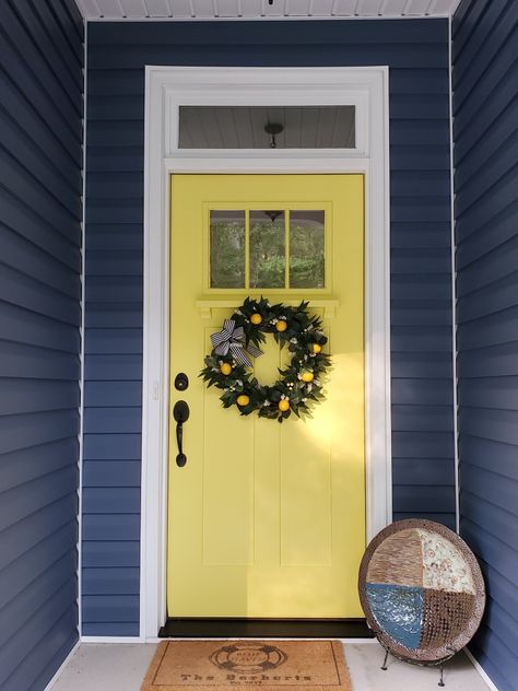 Blue House With Yellow Front Door, Blue House Yellow Front Door, House With Yellow Door, Yellow Door Exterior, Yellow Front Door Brown House, Front Door Yellow House, Blue House Yellow Door, Yellow Front Door, Bright Yellow Front Door