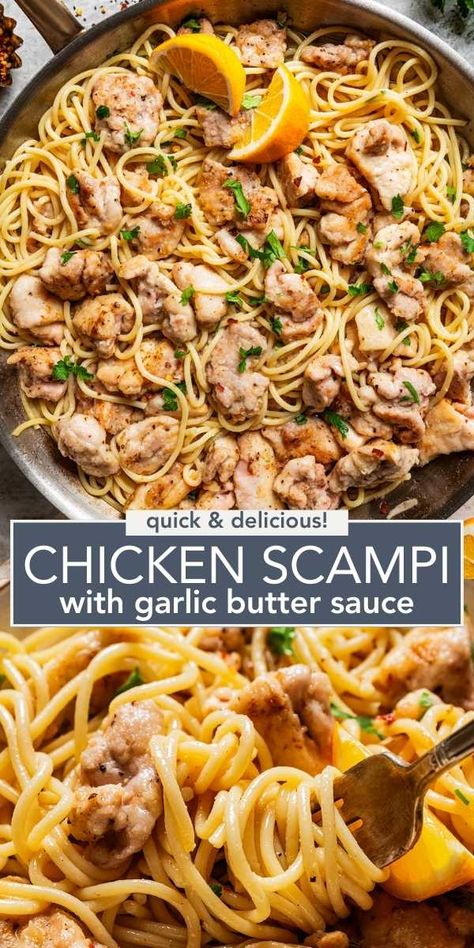 Don't miss out on this Chicken Scampi recipe! Featuring al dente pasta and juicy chicken bites all swirled in a zesty lemon garlic butter sauce, it's a dish destined to win over the whole family. Chicken Tenderloin Pasta Recipes, Garlic Butter Chicken Bites With Pasta, Chicken Thighs And Pasta, Chicken Thighs Pasta, Chicken Thigh Pasta Recipes, Tenderloins Recipes, Chicken Tenderloins Recipes, Chicken Linguini, Lemon Butter Chicken Pasta