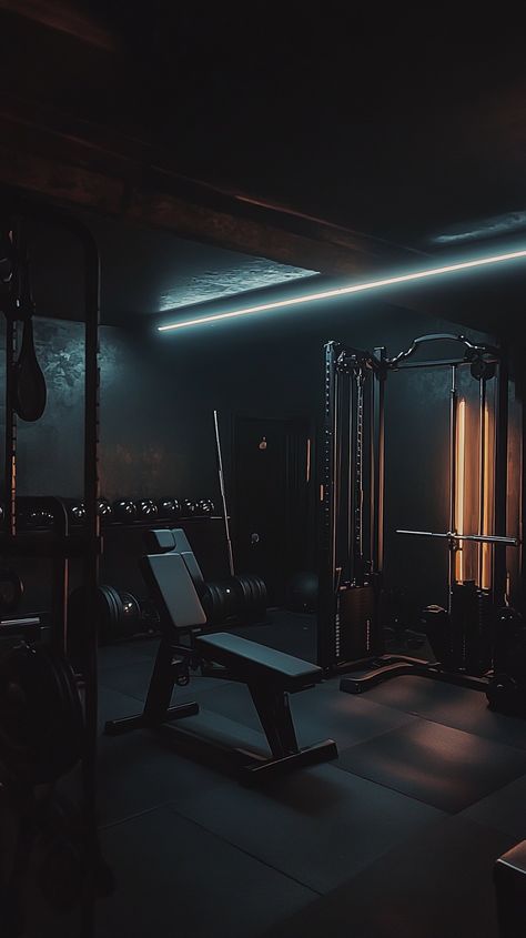 Transform your fitness journey with Scorpio's intense home gym 🦂✨ A blend of dark color palettes and motivational quotes inspire your inner warrior 💪 High-tech equipment meets moody lighting for the ultimate workout sanctuary. Elevate your routine and unleash the power within! 🏋️‍♂️🔮 Late Night Gym Aesthetic, Dark Home Gym, Dark Gym, Moody Lighting, Gym Lighting, Yoga Photoshoot, Dark Color Palette, Gym Aesthetic, Inner Warrior