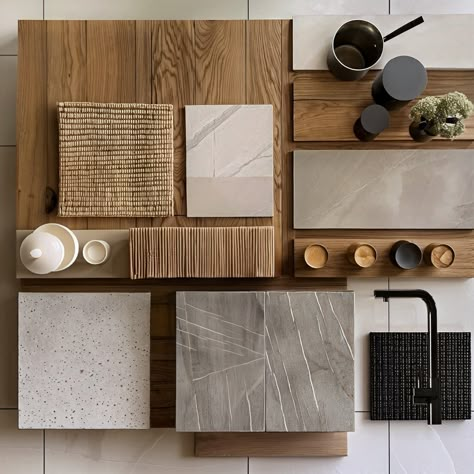 This kitchen embodies the Wabi-Sabi and Japandi aesthetics, merging minimalist Japanese principles with Scandinavian functionality. The space features natural materials, predominantly light wood, creating a warm and inviting atmosphere. Open shelving showcases simple, elegant kitchenware, enhancing the clean and uncluttered look. The large windows and skylights flood the area with natural light, blurring the boundaries between indoors and outdoors and highlighting the organic textures and fin... Japandi Style Home, Wabi Sabi Kitchen, Japandi House, Japandi Home Decor, Japandi Kitchen, Neutral Interior Design, Japandi Interior Design, Scandinavian Kitchen Design, Mood Board Interior