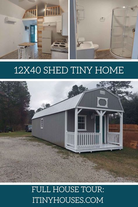 This 12x40 converted shed tiny home is a great family home with a small footprint! Three sizable sleeping areas including main floor bedroom! Storage Shed House Tiny Homes, Shed To Tiny Home, Shed Homes Interior, Woodworking Shed, Shed House Interior, Tiny Home Shed, Tiny Shed, Shed Tiny Home, Tiny Home Plans