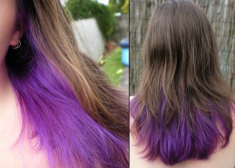 Lower Half Hair Dyed, Half Hair Dyed, Light Brown Hair With Purple, Brown Hair With Purple Tips, Hair With Purple Tips, Brown Hair With Purple, Hair With Purple, Dark Brown Hair Dye, Purple Brown Hair