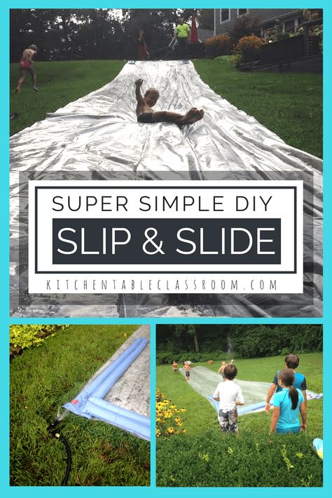 This DIY slip and slide goes together in minutes, can be reused over and over, and has no scary garden stakes involved. Summer fun coming up! Diy Slip And Slide Tarp Water Play, Slip And Slide Games For Adults, Tarp Slip N Slide, Slip And Slide Party, Drunk Olympics, Slip In Slide, Diy Slip And Slide, Homemade Water Slide, Vsco Sleepover