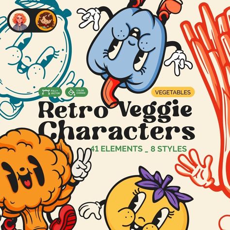 Retro Foodie Characters (Vegetables)  Feeling the retro vibe? 😎 Loving this design? 😍 Want more? Head over to the link above now! Don't miss out! 🚀#RetroMascot #RetroMascotLogo Vegetable Doodle Art, Cartoon Packaging Design, Cartoon Branding, Graffiti Restaurant, Cartoon Graphic Design, Food Character, Vegetable Cartoon, Thanh Long, Retro Graphic Design