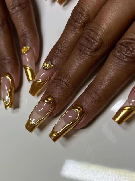 Daniel Caesar Inspired Nails, Red And Gold Acrylics, Red Nails With Gold Design, Pearl And Gold Nails, Gold And Pearl Nails, Gold Pearl Nails, Gold 3d Nails, Yellow Gold Nails, Gold Red Nails