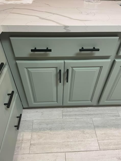 Gray Floor Green Cabinets, Grey Floor Green Cabinets, Olive Green Kitchen Cabinets White Countertops, Green Cabinets Gray Floor, Green Cabinets Grey Floor, Green Kitchen Grey Floor, Cabinets With Grey Flooring, Cabinet End Ideas, Grey Laminate Flooring Kitchen