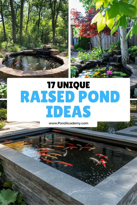 A look at 17 raised garden pond ideas to help you design a beautiful and relaxing above ground water feature for your backyard! Bathtub Pond Ideas, Koi Pond Front Yard, No Dig Pond Ideas, Raised Pond Ideas Diy, Above Ground Water Feature, Garden Pond Design Landscaping, Outdoor Fish Ponds Ideas, Fish Pond Ideas Above Ground, Raised Fish Pond