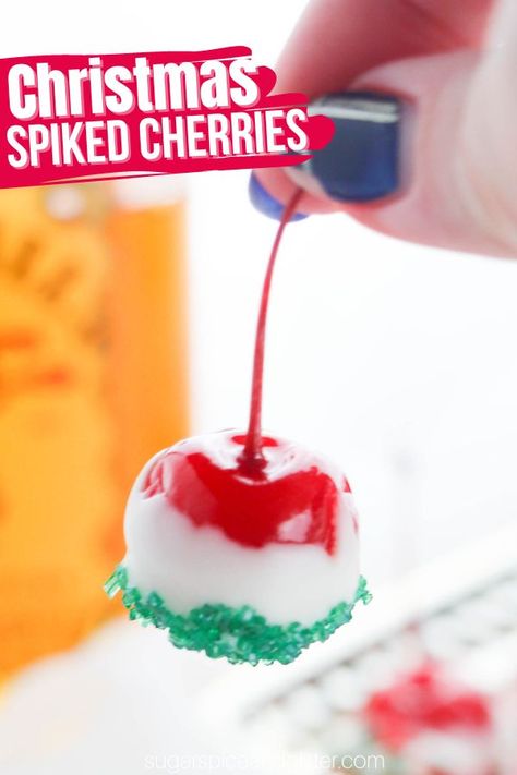 Spiked Christmas Cherry Bombs can be enjoyed on their own, as a boozy treat, or use to add a festive garnish to an otherwise plain cocktail... or even use them to give a boozy flourish to a festive dessert! Make with vodka, rum, whiskey or champagne. Alcoholic Snacks Parties Treats, Vodka Soaked Cherries, Edible Alcohol Treats, Rum Soaked Cherries, Booze Balls Cocktail Recipes, Christmas Treats With Alcohol, Fireball Cherries, Alcohol Dessert Recipes, Fireball Whiskey Balls