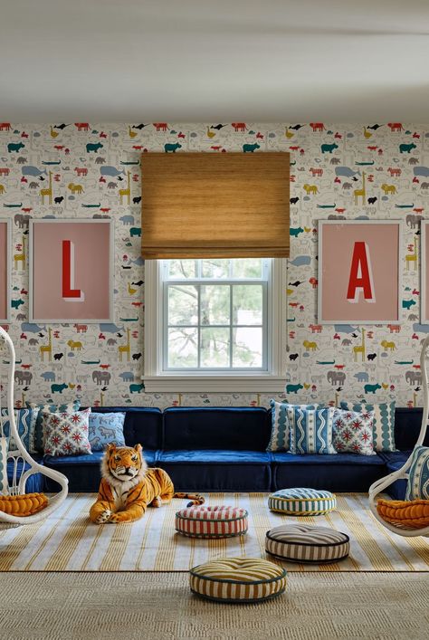 playroom Industrial Playroom Ideas, Room Over Garage Playroom, Elegant Playroom Ideas, Kids Seating Playroom, Seating In Playroom, Large Playroom Wall Decor, Playroom Over Garage, Playroom Ceiling Wallpaper, Restoration Hardware Playroom