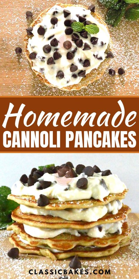 Cannoli Pancakes, Pancakes Fluffy, Fluffy Layers, Cannoli Filling, Ricotta Filling, Light And Fluffy Pancakes, Orange Extract, Fluffy Light, Baked Pancakes