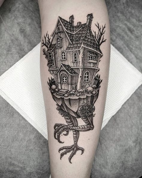 Witch House Tattoo, Baba Yaga House Tattoo, Baba Yaga Tattoo, October Tattoos, Babayaga Tattoo, Witchcraft Tattoo, Haunted House Tattoo, Tattoo Bible, Baba Yaga House