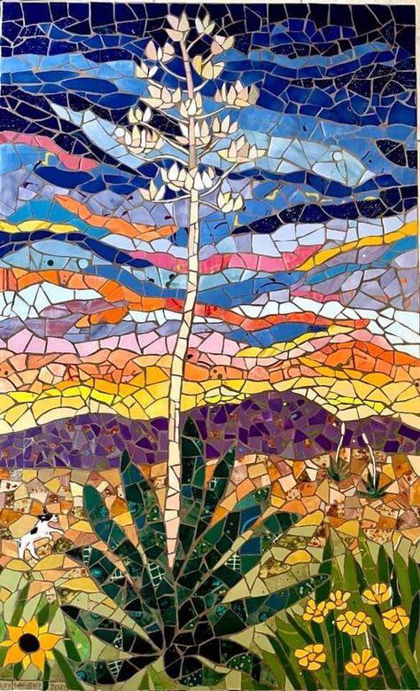 Mosaic Desert Scene, Desert Mosaic Ideas, Mozaik Art Design, Mosaic Wall Art Murals, Cactus Mosaic, Desert Mosaic, Mosaic Landscapes, Landscape Mosaic, Stained Glass Mosaic Art