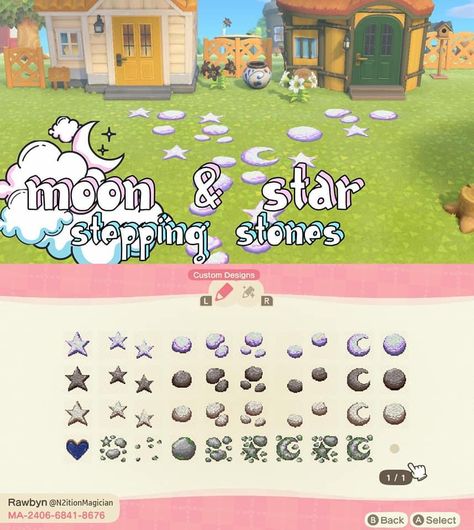 Acnh Moon Path Design, Witchy Custom Designs Acnh, Acnh Moon Stone Path, Acnh Moon Design Code, Witchy Acnh Design, Space Path Acnh, Acnh Fairy Core Design Codes, Moon Island Acnh, Acnh Moon Flag Design