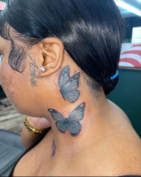 Neck Tattoos Women Butterfly, Neck Cover Up Tattoos For Women, Butterfly Neck Tattoos Women, Big Neck Tattoos Women, Neck Tats Women, Butterfly Tattoo On Neck, Butterfly Tattoo Neck, Female Neck Tattoo, Neck Tattoo Women