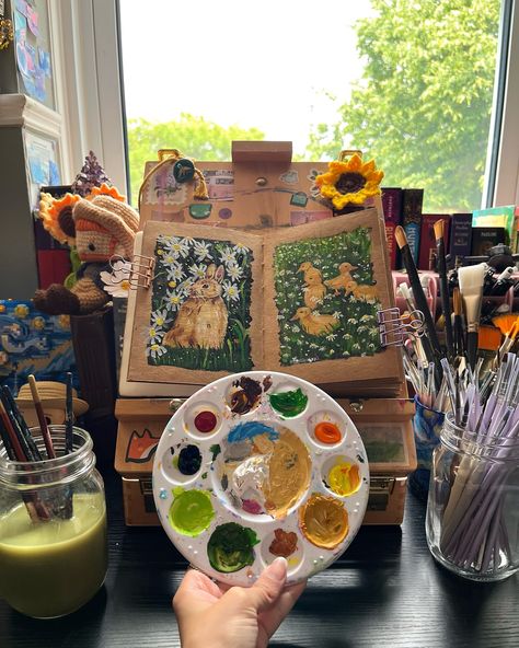 Living the cottagecore dream. 🐥🐰☁️🌻🌼✨ • • • [cottagecore, cottagecore aesthetic, acrylic artwork, acrylic painter, duck painting, bunny art] • • #AcrylicArtwork #AcrylicPainter #vanGoghInspired #ArtWithTash #DuckPainting #BunnyArt #CottagecoreStyle Cottagecore Artist Aesthetic, Cottagecore Aesthetic Modern, Cottagecore Art Style, Painting Pov, Traditional Art Aesthetic, Art Hobby Aesthetic, Cottagecore Hobbies, Painter Aesthetics, Art Teacher Aesthetic