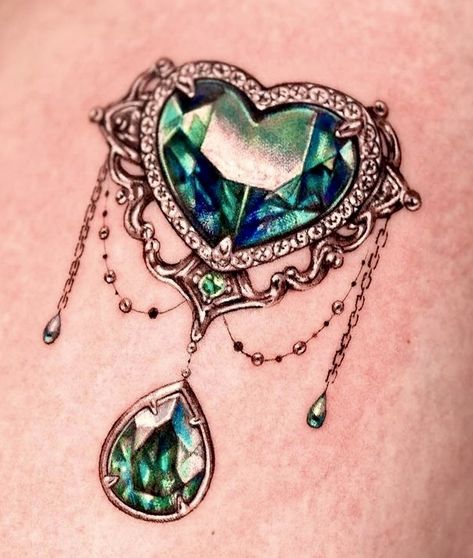 Green Jewel Tattoo, Jewel Throat Tattoo, Jewel Tattoo Gem, Bejeweled Tattoo, Jewel Chest Tattoo, Pandora Tattoo, Jewel Tattoos, Metal Tattoos, Throat Tattoos