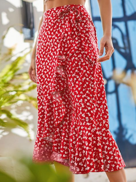 SHEIN Frenchy Ditsy Floral Print Ruffle Trim Tie Side Skirt | SHEIN USA Red Summer Skirt, Red Floral Skirt Outfit, Printed Skirt Outfit, Floral Skirt Outfits, Red Floral Skirt, Floral Wrap Skirt, Girls Party Wear, Printed Long Skirt, Women Bottoms