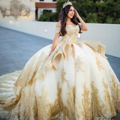 Gold Lace Applique Quinceanera Dress Ball Gown Beading Sequins Ruffles Sweet 16   | eBay Quinceñera Dresses Yellow, Quiencera Dresses White And Gold, Sweet 16 Yellow Dresses, White And Gold 15 Dresses, White Floral Quinceanera Dresses, Quince White Dress, Victorian Quinceanera Dresses, Light Yellow Quince Dress, Quince Dresses Gold