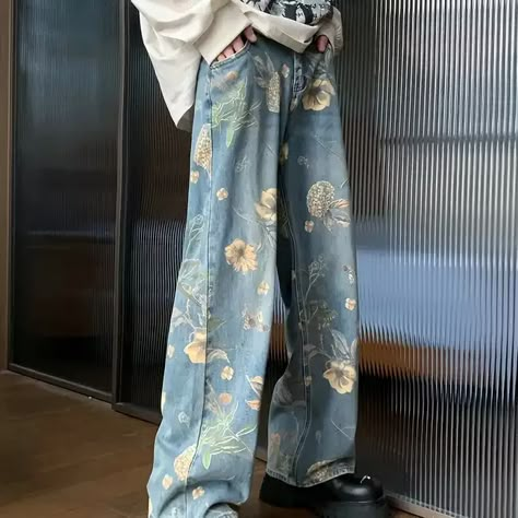 Wide Leg Casual Pants, Jeans Korean, 90s Fashion Men, Mid Waist Pants, Men Jeans Pants, Zippered Cardigan, Casual Wide Leg Pants, Print Flower, Mens Pants Fashion