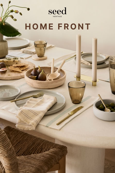 Give your dining table a new-season refresh Ribbed Candles, Striped Bath Towels, Dinner Wear, Australian Food, Printed Tea Towel, Selling Candles, Summer Tables, Dining Nook, Tea Towel Set