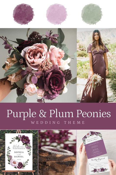 Grape Wedding Colors, Eggplant And Grey Wedding, Plum And Sage Green Wedding, Plum Green Wedding, Plum And Blush Wedding, Plum Wedding Theme, Plum Peonies, Plum Wedding Colors, Purple Wedding Colors